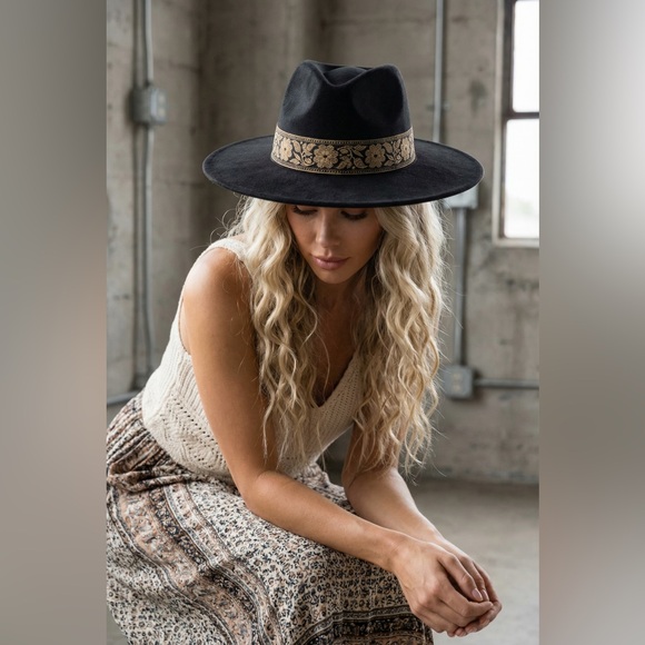NWT Boho Western Fedora Felt Wide Brimmed Hat with Floral Band Black - Picture 5 of 5